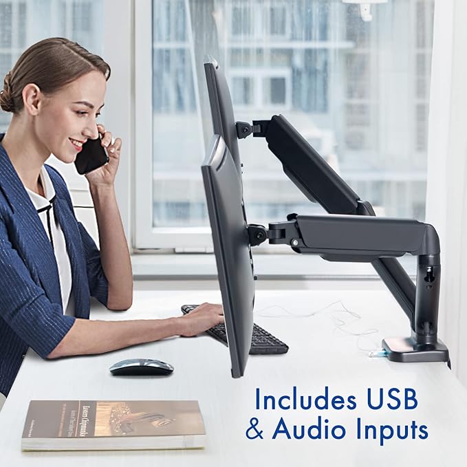 Dual Spring LCD Monitor Arms with USB and Multimedia Ports for: LG 27GP850-B Ultragear Gaming Monitor 27” QHD (2560 x 1440) Nano IPS Display 1ms Response Tim 165Hz Refresh Rate