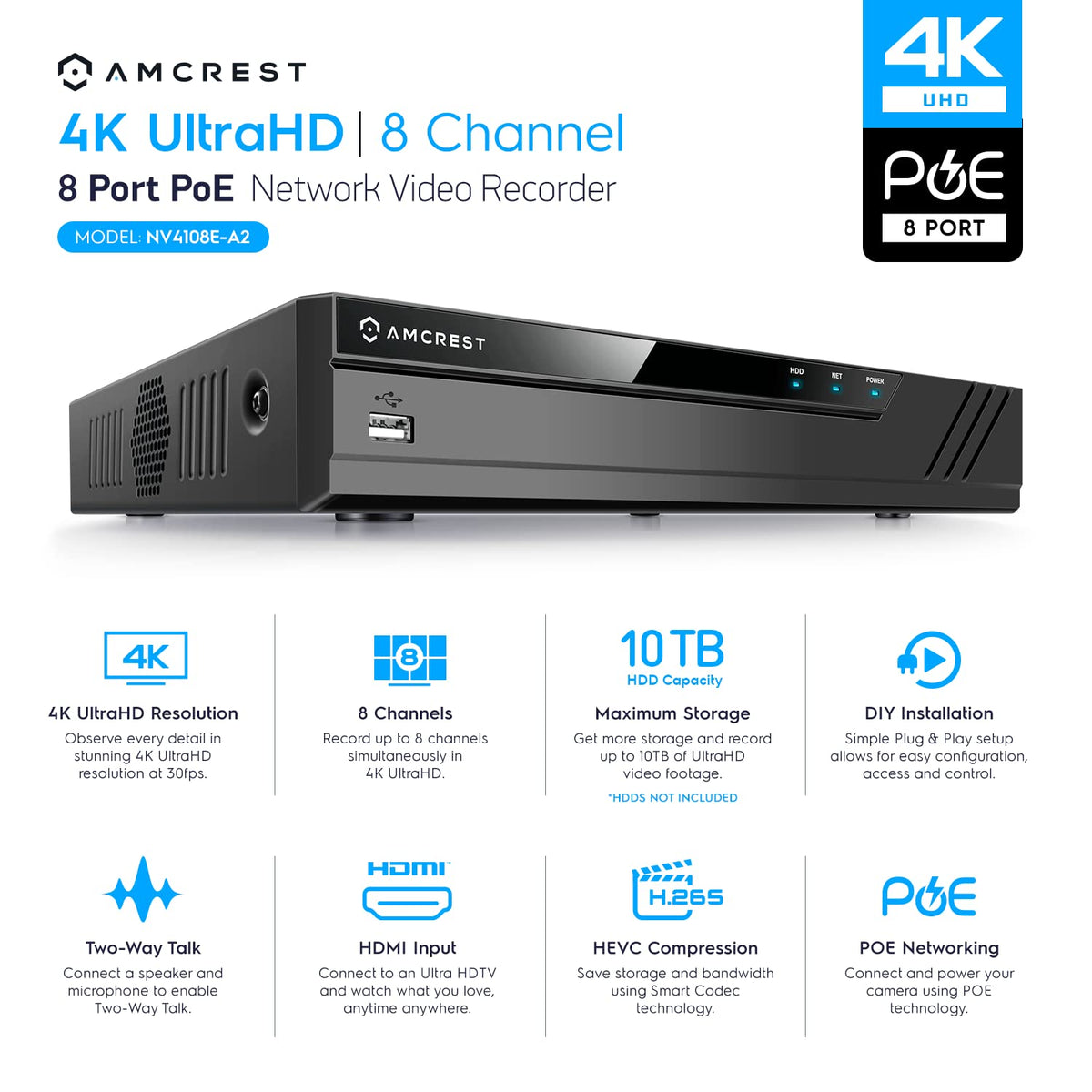Amcrest 5MP Security Camera System, 4K 8CH PoE NVR, (4) x 5-Megapixel 2.8mm Wide Lens Weatherproof Metal Vandal Dome PoE IP Cameras, Pre-Installed 2TB