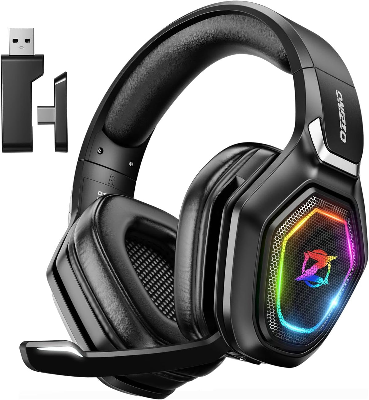 2.4GHz Wireless Gaming Headset with Microphone, 2.4G USB & Type C Transmitter - 30h Battery Life - RGB Lighting Gaming Headphones for PS5, PS4, PC, Phone