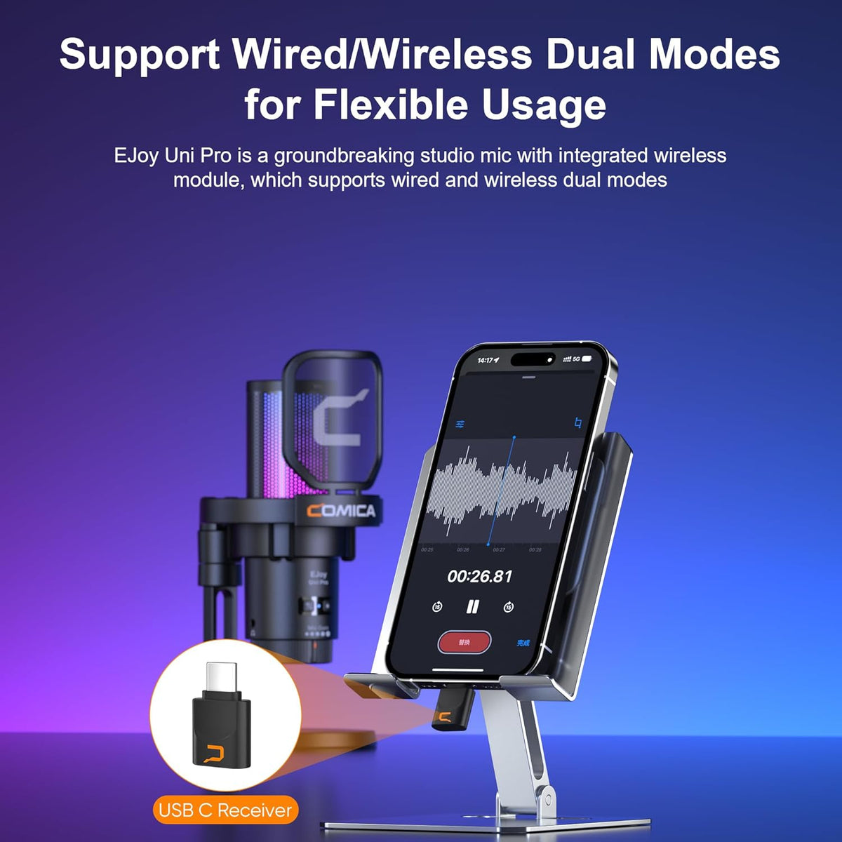 COMICA Ejoy Uni PRO(D) USB Wireless Gaming Microphone with Noise Cancellation, RGB Lights, Monitoring, Muting, Streaming Mic for Computer, PS5, PS4, Streaming, Podcast, Chat, Twitch, Discord