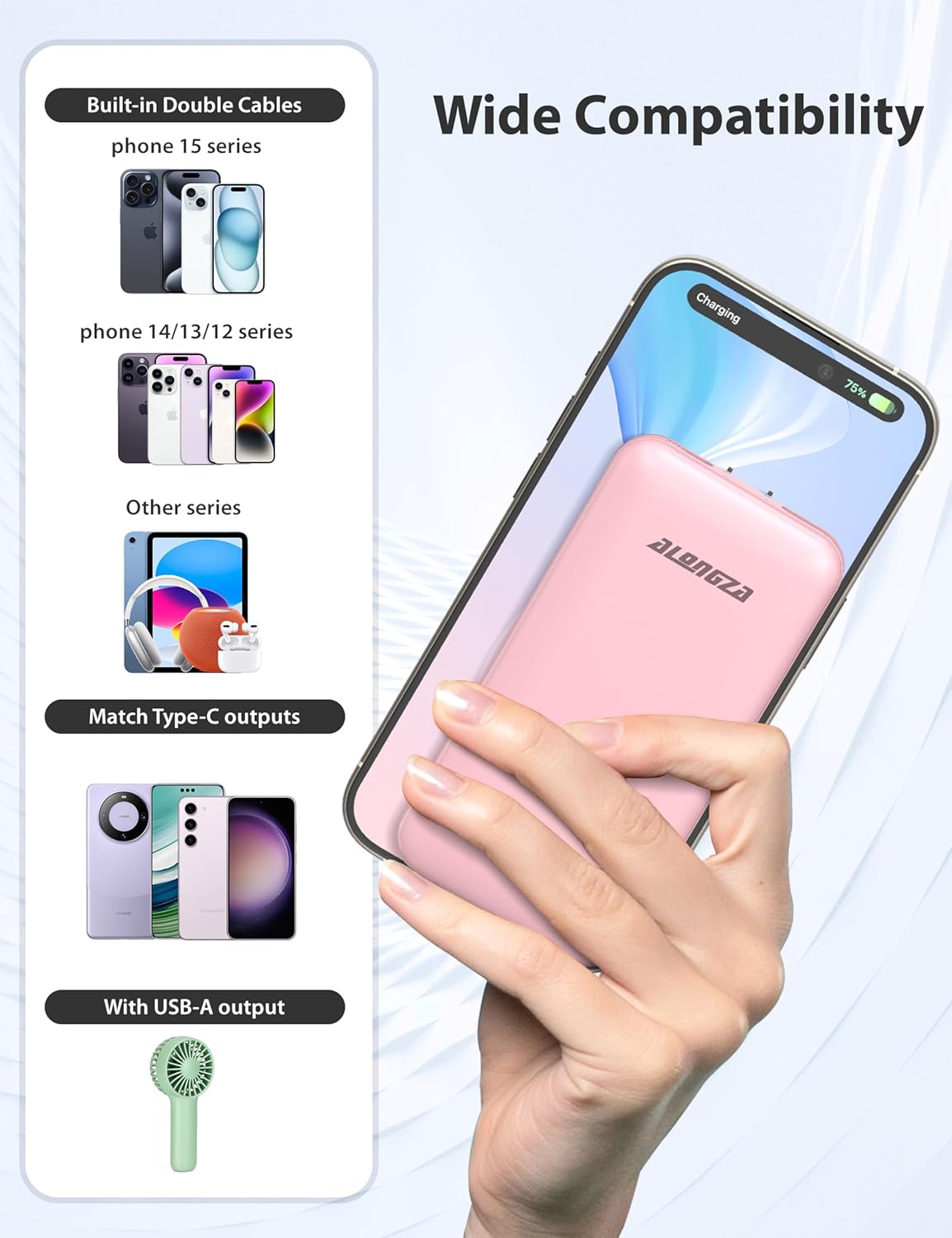 Alongza Portable Charger Built-in Cables and AC Wall Plug, Slim Fast Charging Power Bank 10000mAh, Lightweight USB C External Battery Pack Compact Travel Cell Phone Charger