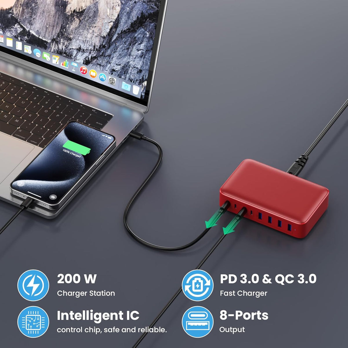 USB C Charger 200W USB C Charger Block,Upgraded GaN III 8-Port Fast Charging Station Hub,PD 65W Laptop Charging Adapter Compatible with MacBook Pro/Air,DELL,Steam Deck,iPhone 16/15/14,Galaxy S23/22