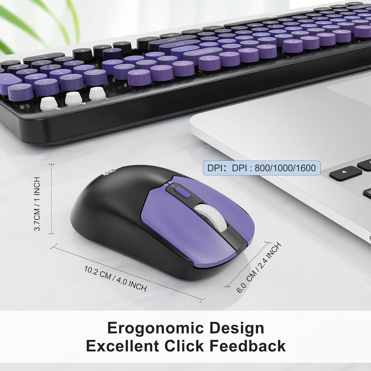 FOPETT 2.4G 104 Wireless Keyboard and Mouse Combo - Full-Sized Cute Colorful Mouse and Keyboard with Round Keys Retro