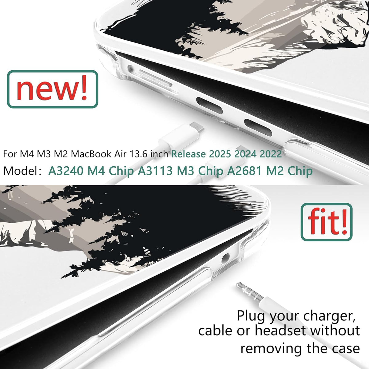 TWOLSKOO Compatible with M4 MacBook Air 13.6 inch Case 2025-2022 Release M4 A3240 M3 A3113 M2 A2681, Plastic Hard Shell & Keyboard Cover & Type C Adapter & Screen Protector, Mountain View