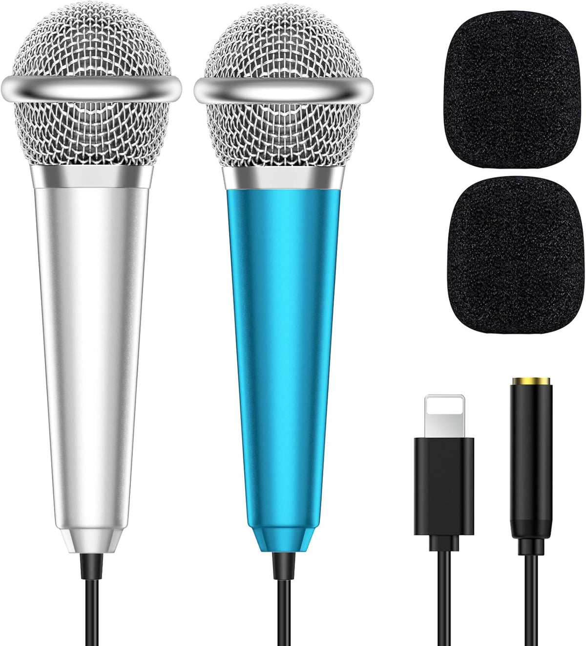 2PCS Mini Microphone for iPhone iPad Small ASMR Tiny Microphone for Voice Video Recording Singing, Vlogging, YouTube Two Mics Silver and Blue