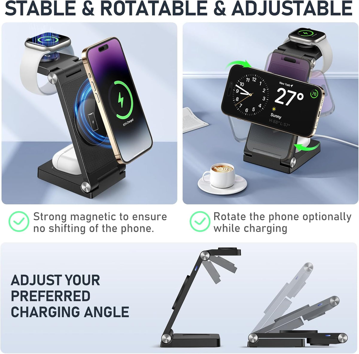 Magnetic Wireless Charger Stand, 3 in 1 Foldable Wireless Charging Station, Travel Charger for Multiple Devices for iPhone 16 15 14 13 12 Series, Apple Watch Ultra/9/8/7/6/5/4/3/2, AirPods