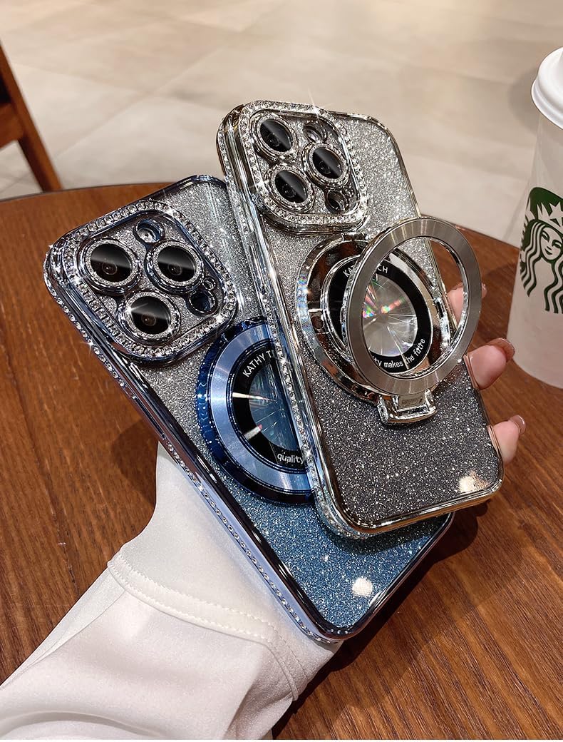 Magnetic Kickstand (Glitter Lens Protector ) Case for iPhone 15 14 13 12 Pro Max (Compatible with Magsafe ) Sparkling Diamond Cover Glitter Shiny Rhinestone Cases (Silver,for iPhone 14 Pro)