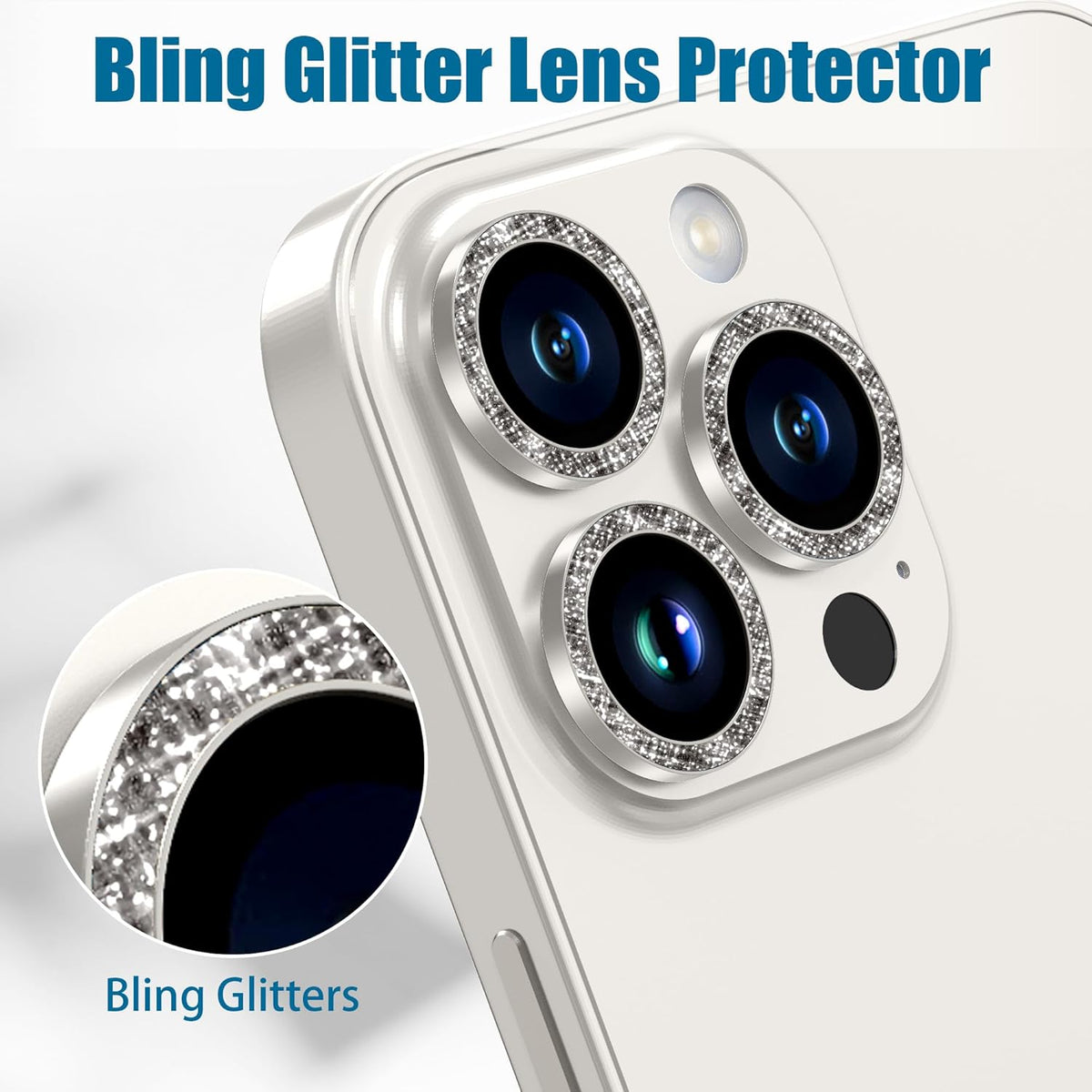 AGVEE 3+3 6 Pack for iPhone 15 Pro 6.1" / 15 Pro Max 6.7" Camera Lens Cover Protector, Bling Diamond & Bling Glitter Metal Ring 9H Tempered HD Glass Camera Cover Protector Film, Bling-Natural