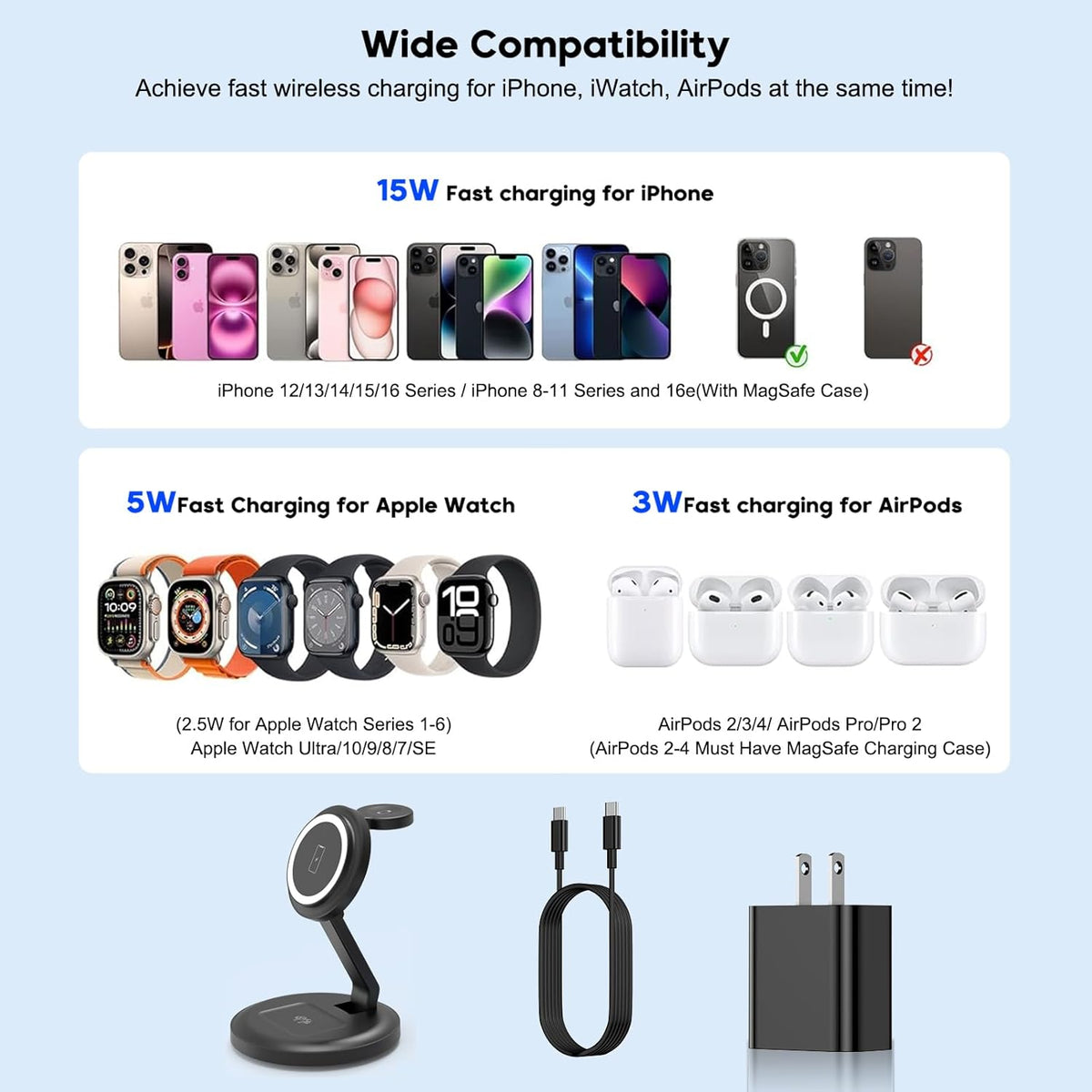 3 in 1 Foldable Wireless Charger iPhone Charging Station, 2Pack Magnetic Stand Wireless Charger Dock for Apple Multple Devices, with PD Adapter and USB C Cable for iPhone, iWatch & Airpods All Series