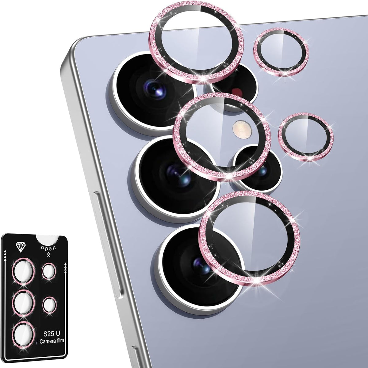 for Samsung Galaxy S25 Ultra Camera Lens Protector, Individual Metal Ring Tempered Glass Lens Cover, [Strong Adsorption] Scratch Resistant Ultra-Thin HD Clear Lens Cover, 1 Set-Pink Sparkly