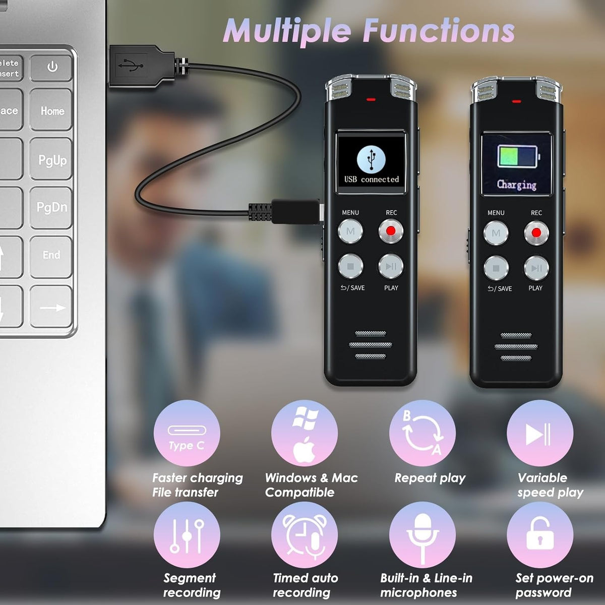 64GB Digital Voice Recorder with Playback: Voice Activated Recorders for Lectures Meetings Interviews - EVISTR Dictaphone Recording Device Tape Recorder Portable Mini, Audio Recorder with USB, MP3