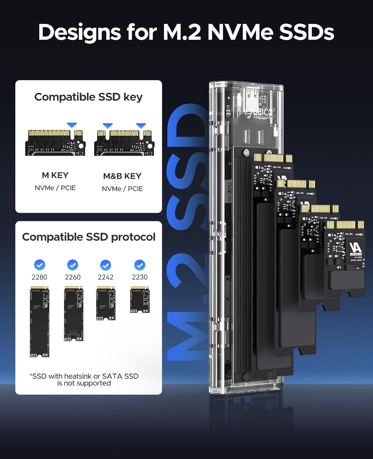 ORICO M.2 NVMe SSD Enclosure, USB 3.2 Gen 2 (10 Gbps), Transparent External Solid State Drive Adapter Enclosure for 2280 2260 2242 2230 PCI-E M2 M-Key SSD, USB Type C Converter Case-TCM2 Black