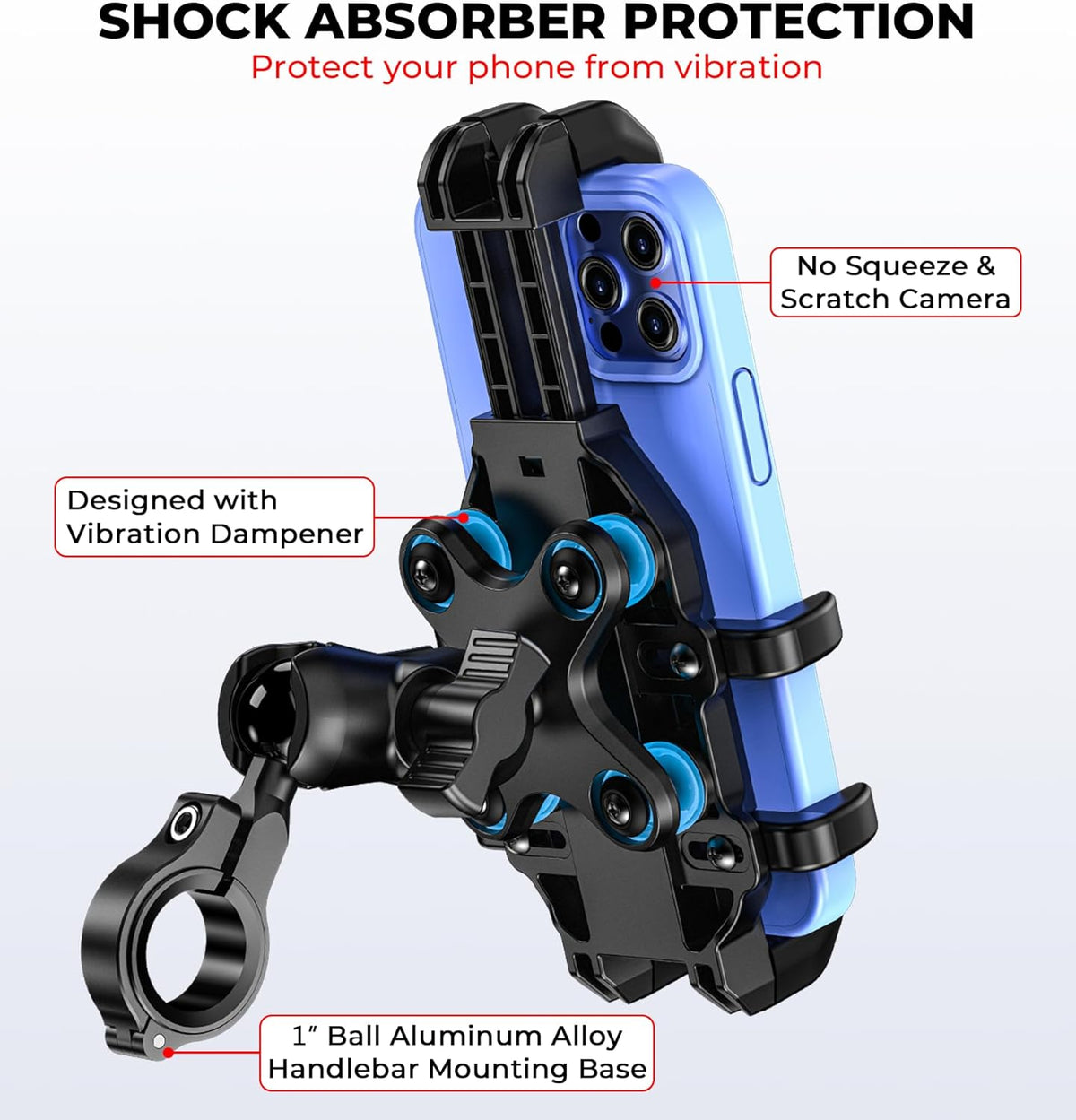 Motorcycle Phone Mount with Vibration Dampener, Anti-Shake Bike Phone Holder with Aluminum Alloy Handlebar Clamp, One-Handed Operation Motorcycle Cellphone Mount Fit for 5.4"-7.2" Smartphone