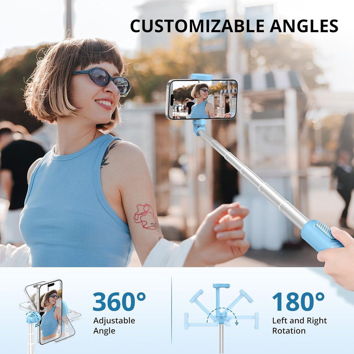 ATUMTEK 55" Selfie Stick Tripod, All-in-one Extendable Aluminum Phone Tripod with Rechargeable Bluetooth Remote for iPhone and More, Fit 4.7-7 inch Smartphones, Blue