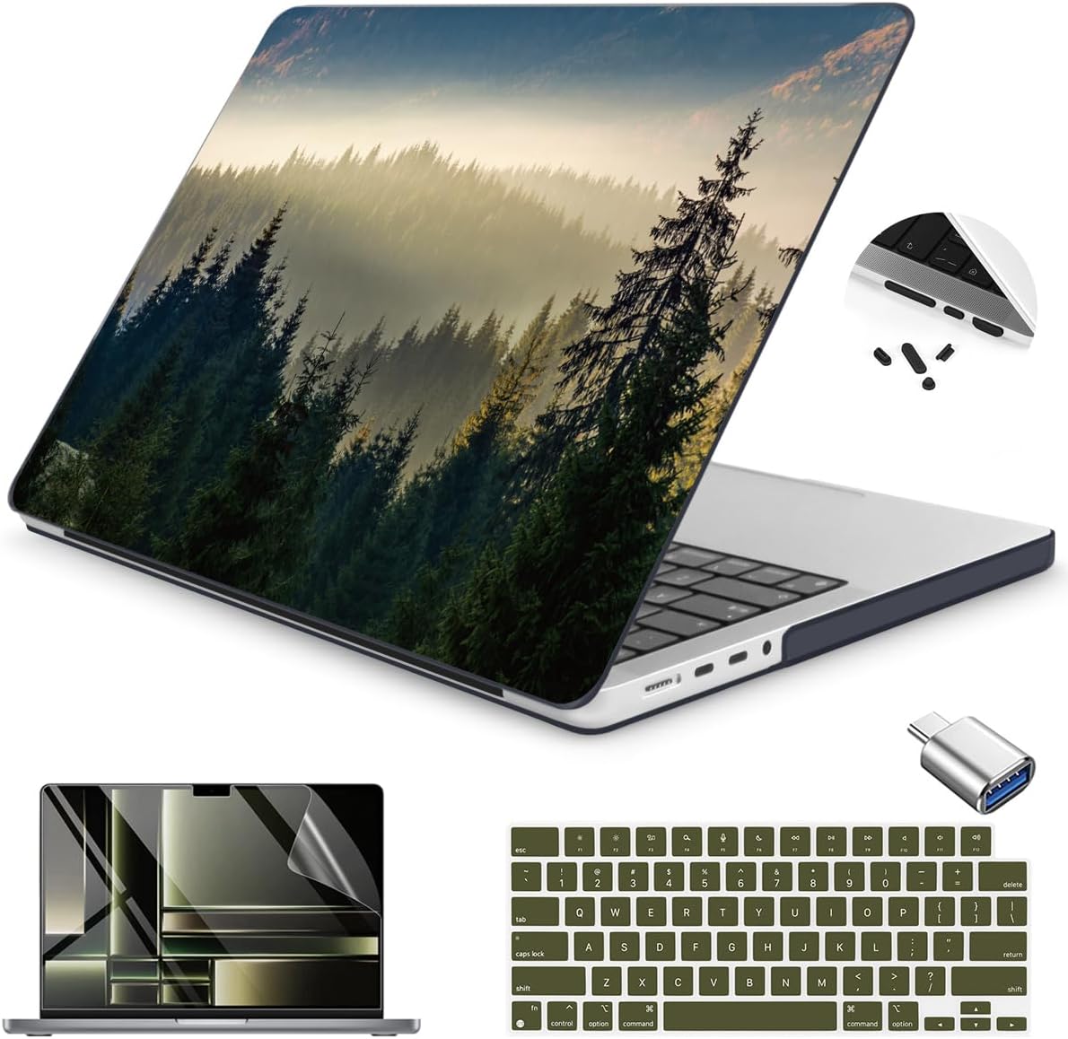 Teryeefi for MacBook Pro 14 inch Case M4 M3 M2 M1 2024 2023 2021 (Model:A3112 A3401 A3185 A2918 A2992 A2779 A2442), Hard Shell Cover + Keyboard Cover, Forest Landscape