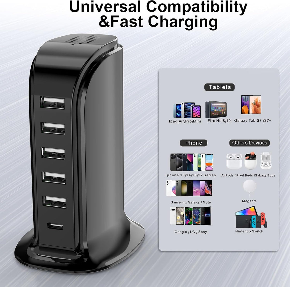 USB Charger Block with Type C, 6-Port Chargers for Multiple Devices, USB Charging Hub with Smart IC, Charger Station Total 60W for Phone/Tablet/Gaming, Wall Charger Adapter Compact&Portable