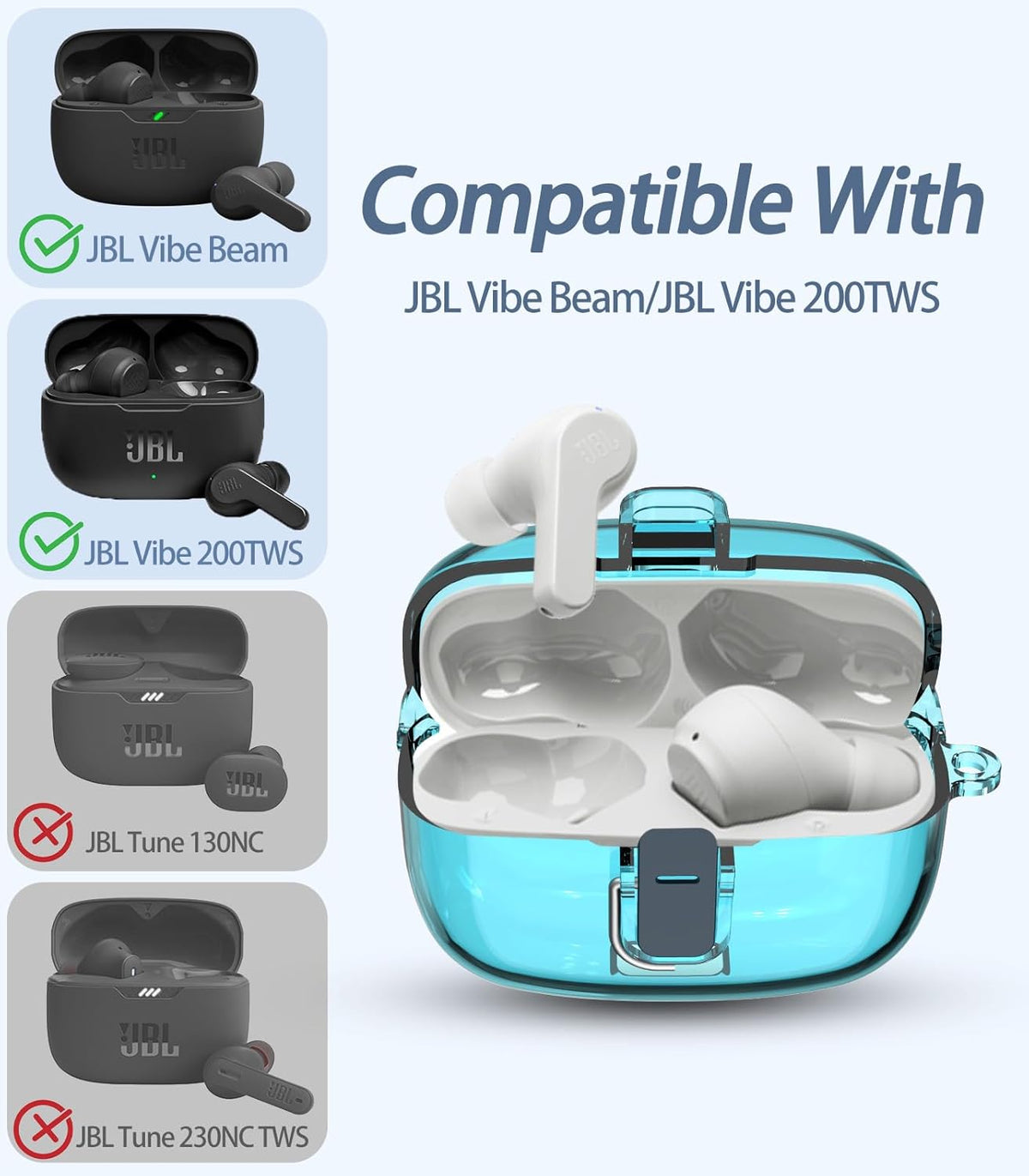 [Upgrade Secure Lock] Case Cover for JBL Vibe 200TWS/JBL Vibe Beam with Cleaner Kit, PC Hard Shell, Clear Blue