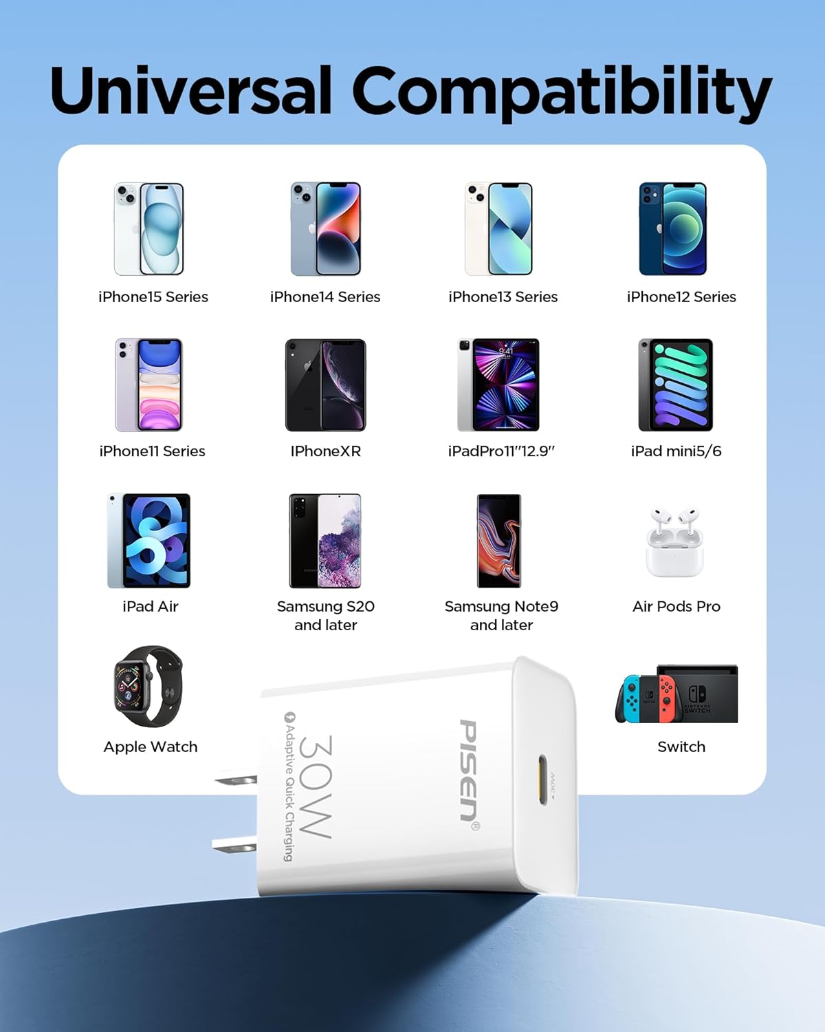 PISEN 30W USB C Charger - USB C Fast Charger Block, PD3.0 Wall Charger with 4FT Type C to L Cable, 30W Power Adapter for iPhone 16/15/14/13/12/11/XR/XS/X Series, iPad