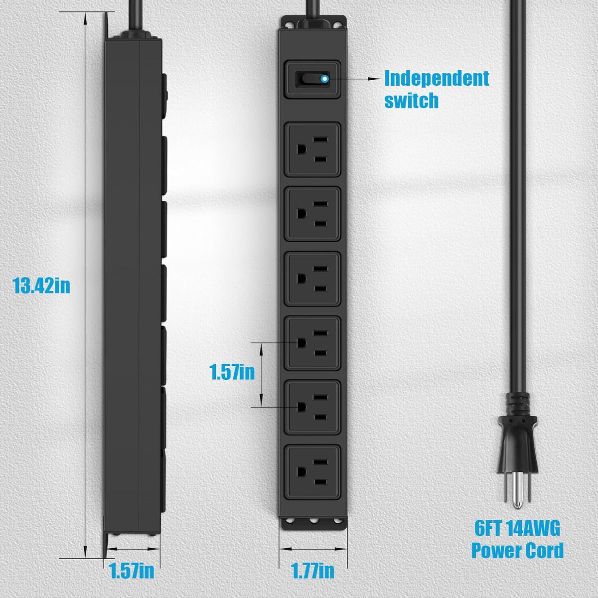 HHSOET 6 6FT Wall Mount Magnetic Power Strip, Under Desk Outlet Mountable Socket, Metal Long Heavy Duty Surge Protector