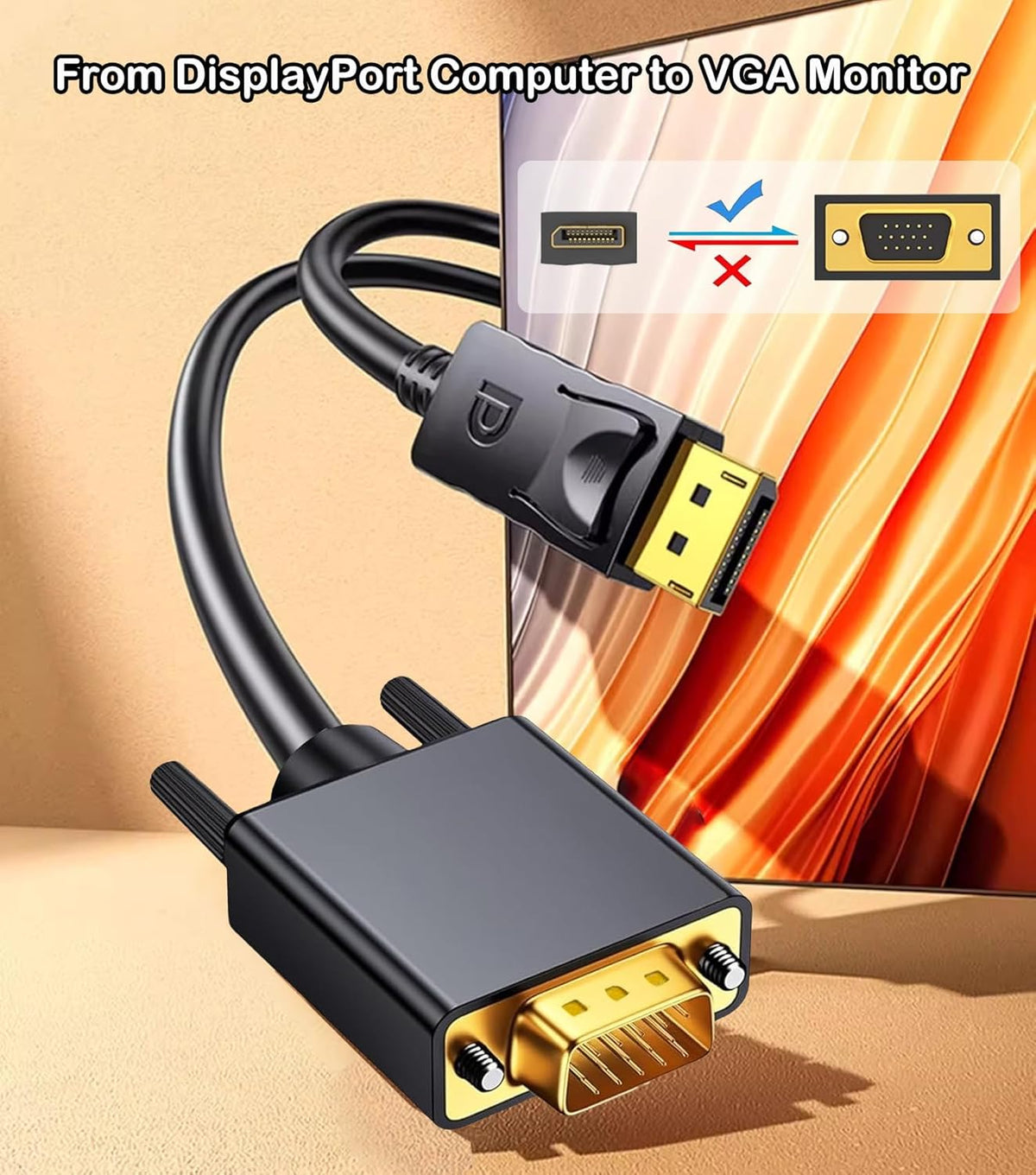 DisplayPort to VGA Cable 6FT, Display Port DP to VGA Adapter, 1080P@60Hz Video Cord from Laptop/Computer (DP) to Monitor/Projector (VGA), (Not Bidirectional, Not for HDMI or USB)