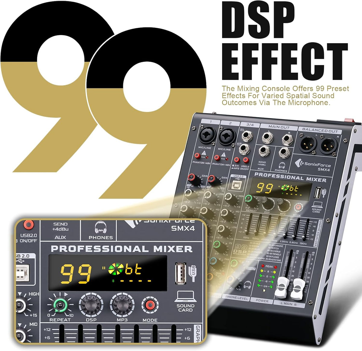 Professional Audio Mixer 4 Channel Sound Board Console System 99 DSP DJ Mixer 48V Phantom for Karaoke DJ Studio Streaming Recording