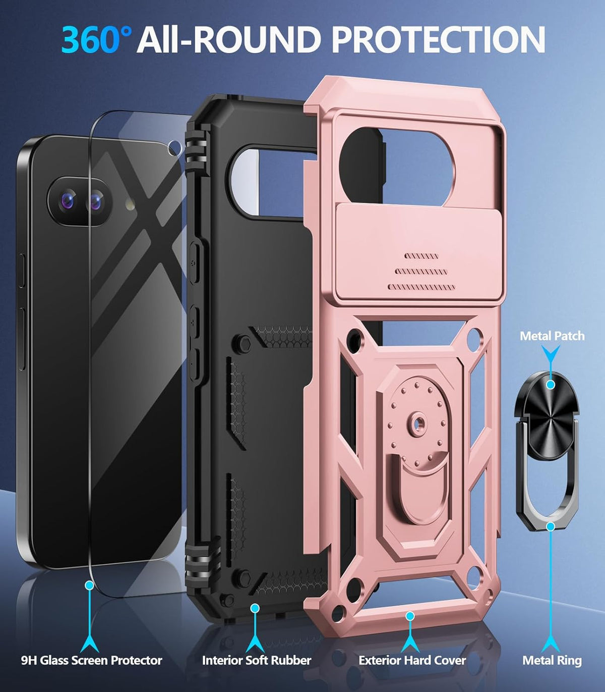 Taisairu for Google Pixel 9A Case with Screen Protector & Slide Camera Lens Cover, Built-in 360°Rotate Magnetic Ring Stand Shockproof Protective Phone Case for Google Pixel 9A Case (Rose Gold)