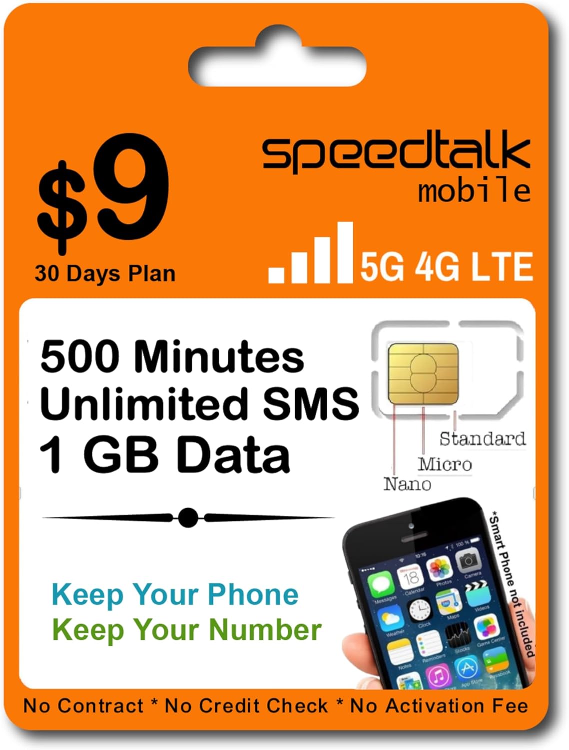 SpeedTalk Mobile Universal SIM Card Kit for 5G 4G LTE iOS Android Smart Phones | Talk Text Data | Triple Cut 3 in 1 Simcard - Standard Micro Nano | No Contract Cellphone Plan (1 GB)