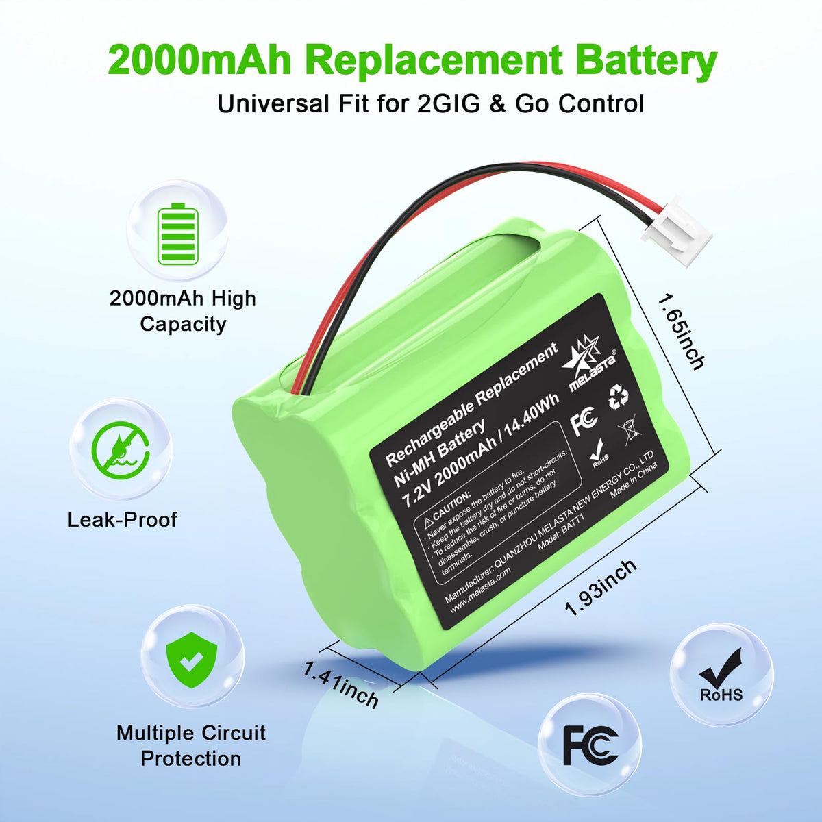 melasta 2000mAh Replacement Battery Suitable for 2GIG BATT1X BATT2X BATT1 GC2 2GIG-CNTRL2 2GIG-CP2 GCKIT311 Go Control Panel Security System Alarm