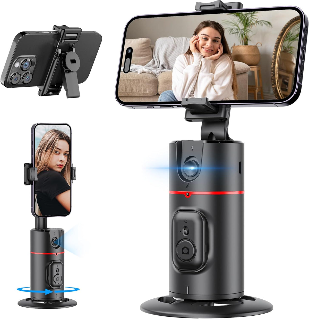 Auto Face Tracking Tripod, No App, Smart Shooting Phone Holder with Remote, 360° Rotation Body Phone Camera Mount with Phone Holder Body Smart Tracking Tripod for Vlog/TIK Tok, Rechargeable Battery