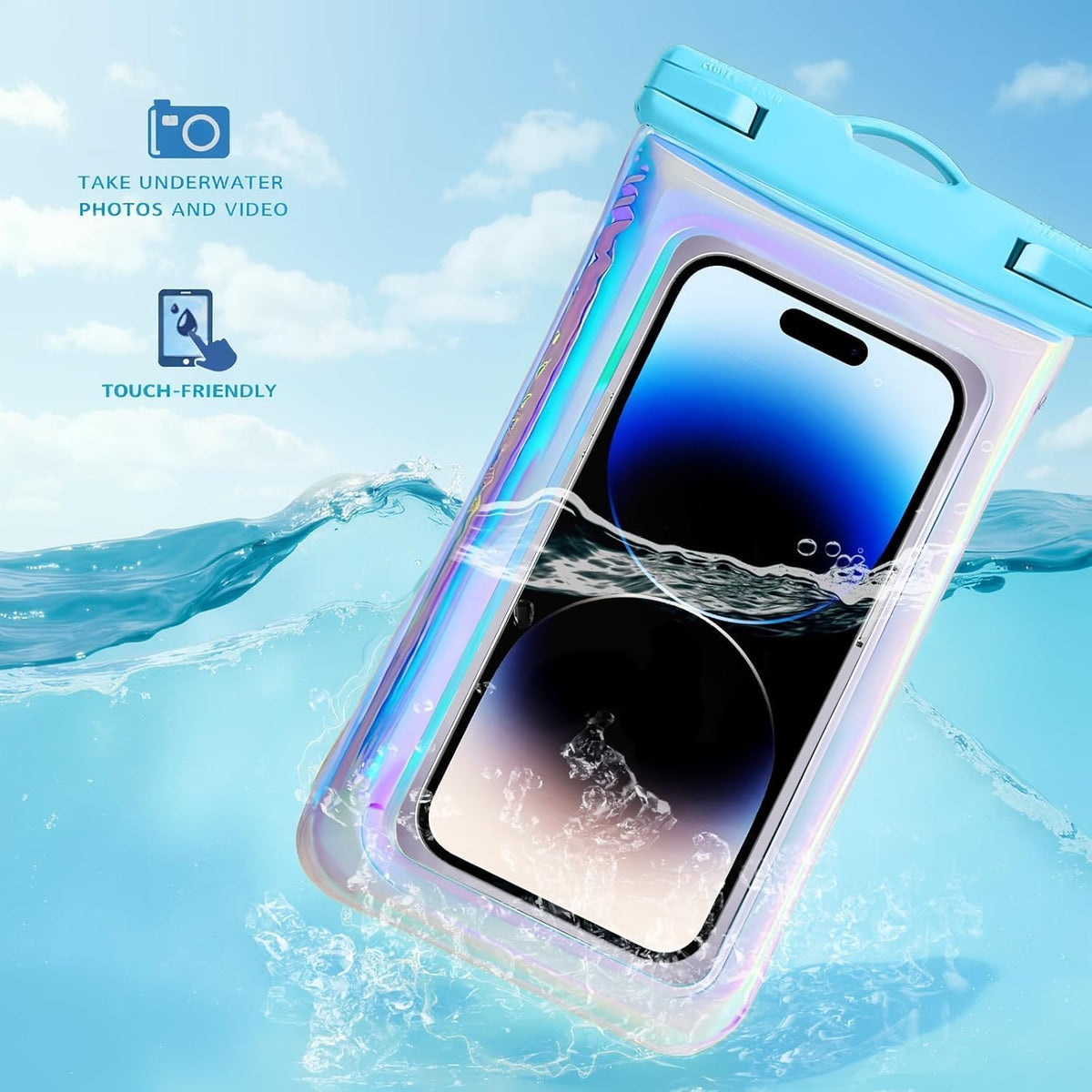 Floatable Waterproof Phone Pouch Case for iPhone 16 Pro Max/15/14/13/12, IP68 Travel Cellphone Waterproof Phone Pouch, Iridescent Blue,1 Pack