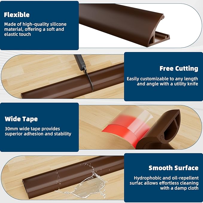 6ft Side Buckle Floor Cord Cover for Wires, Selfadhesive Extension Cord Hider Easy Floor Cable Management Prevent Cable Trips,Silicone Floor Wire Covers for Cords, Cable Protector Cord Cavity（Brown）