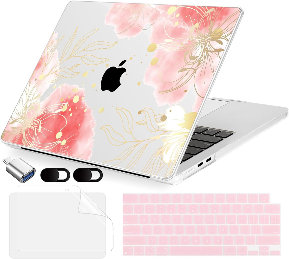 Compatible with MacBook Air 15 inch Case, M4 A3241/M3 A3114/M2 A2941 (Released 2025 to 2023), Hard Shell, Keyboard Cover, Screen Protector, Webcam Cover & Type-C Adapter, Vector Flower3