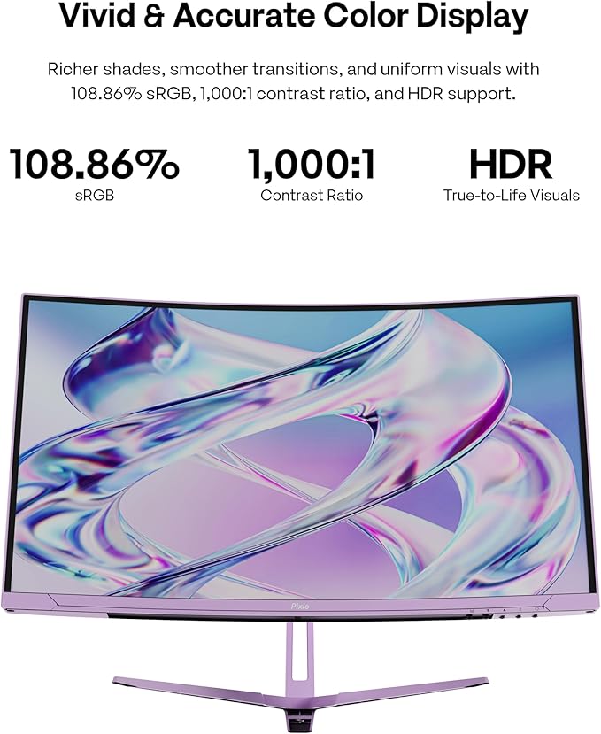 Pixio PXC248WAVE Purple 24 inch 200Hz Refresh Rate FHD 1080p Resolution 1500R Curve Fast VA Panel 1ms GTG Response Time HDR Curved Gaming Monitor and PS1S Wave Purple Single Monitor Arm
