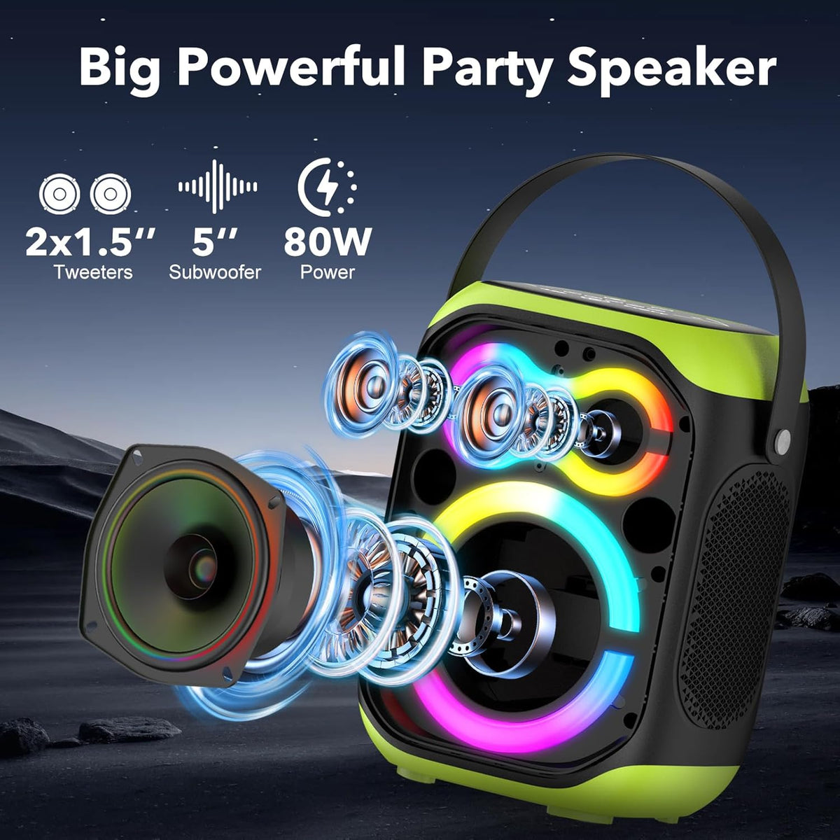 Portable Bluetooth Speakers 80W Big Powerful Wireless Outdoor Loud Stereo Deep Bass Sound Boombox TWS Home Party Speaker with Subwoofer LED Lights