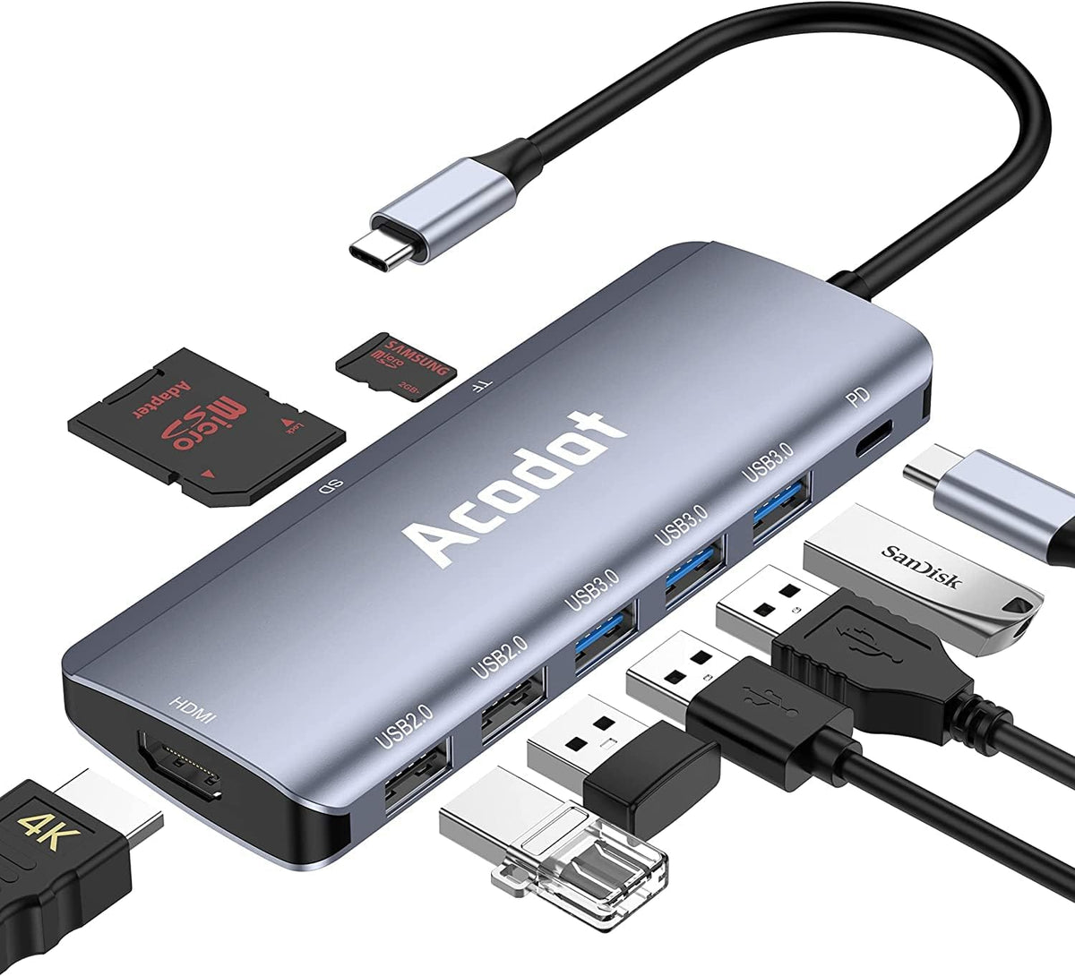 Acodot 9 1 3 4K 5 100W USB C Hub, in Type C Hub Adapter Portable Docking Station Aluminum Dongle Compatible