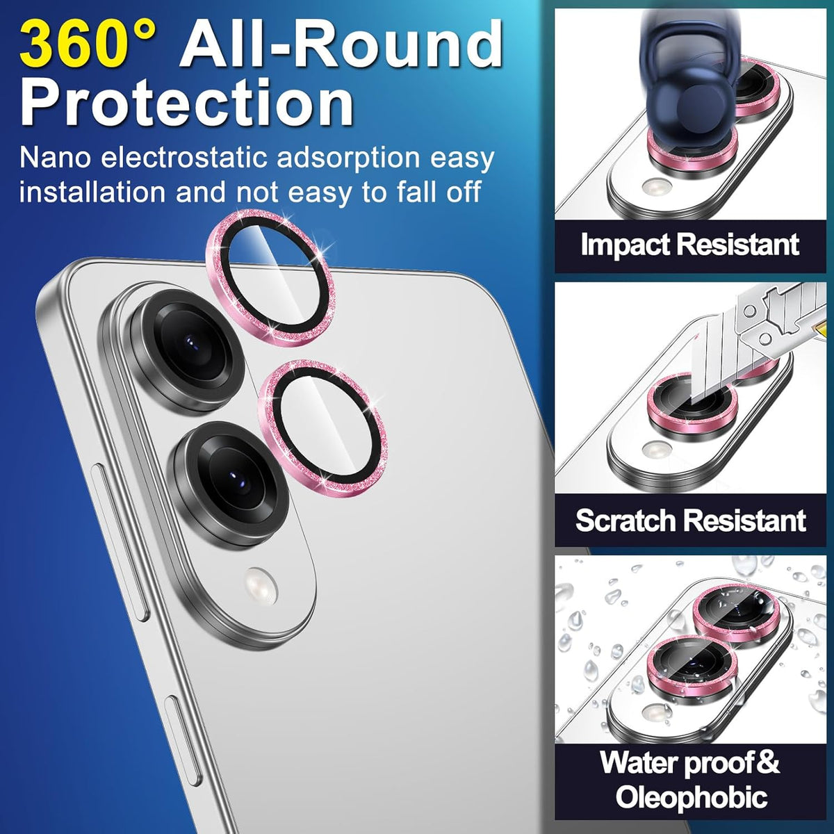 for Samsung Galaxy S25 Edge Camera Lens Protector, Individual Metal Ring Tempered Glass Lens Cover, [Strong Adsorption] Scratch Resistant Ultra-Thin HD Clear Lens Cover, 1 Set-Pink Sparkly