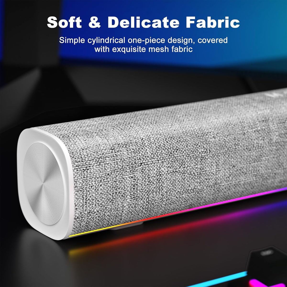 SOULION R100 Bluetooth Computer Speakers with Dynamic LED Light, USB Plug & Play PC Speakers with Switch Button, Clearly Sound Soundbar for Desktop Laptop Monitor White (USB-C to USB Adapter Included)