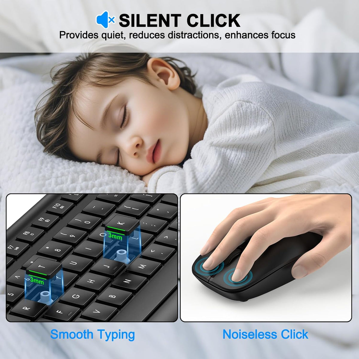 EDJO 2.4G Wireless Keyboard and Mouse Combo, Full Size Silent Ergonomic Keyboard and Mouse, Long Battery Life, Optical