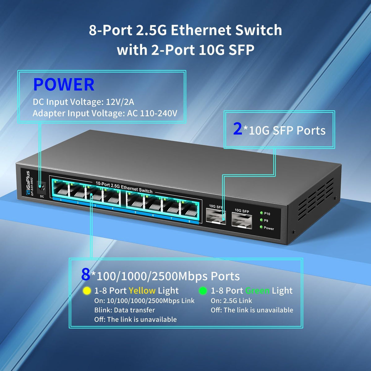 10 Port 2.5Gb Unmanaged Ethernet Switch with 8* 2.5G Base-T Ports, 2* 10G SFP+ Ports. GiGaPlus 2.5Gbps Network Switch for 2.5Gbps NAS/PC, WiFi6 Router, Wireless AP. Fanless Design, Plug and Play