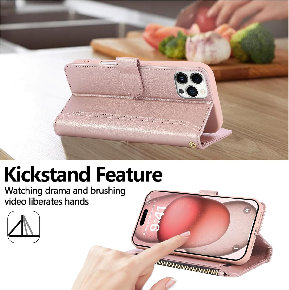 Compatible with iPhone 14 Pro Max Wallet Phone Case-PU Leather Magnetic Flip Cover with Credit Card Slots,Zipper Pocket & Detachable Wrist Strap,Shockproof Design,for Women and Men-Pink
