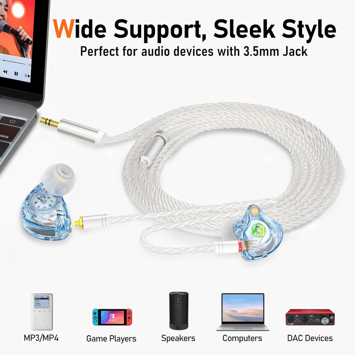 Premium HiFi IEM Cable - Silver-Plated 3.5mm to MMCX Cord, Lossless-Sound in-Ear Monitor Cables for Vibes 201/202, Shure SE215/315/425/535/846-Silver (HC001)