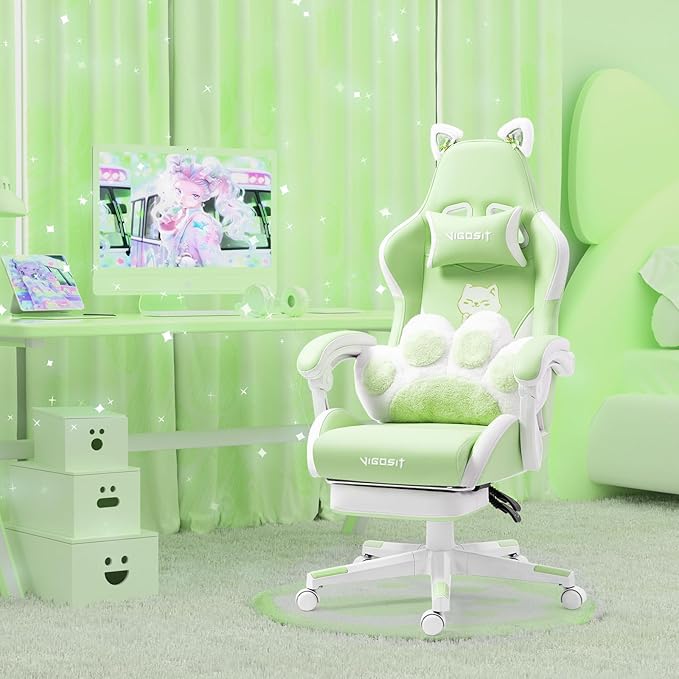 Gaming Chairs for Girls Ergonomic Cute Cat Gaming Chair with Paw Lumbar Cushion High Back Computer Desk Chair Height Adjustable Swivel Video Game Chair Gifts Suitable for Girls and Ladies