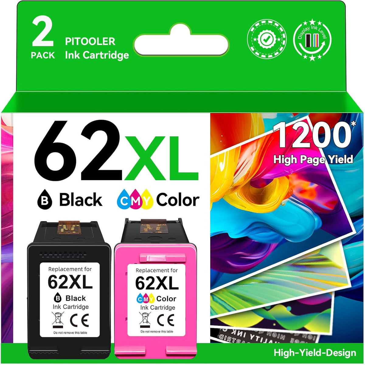 62XL Ink Cartridge Combo Pack Compatible for HP Ink 62 Black Color Compatible for Envy 7640 7645 5660 5665 5642 5540 OfficeJet 8045 8040 5746 5745 250 200 Printer