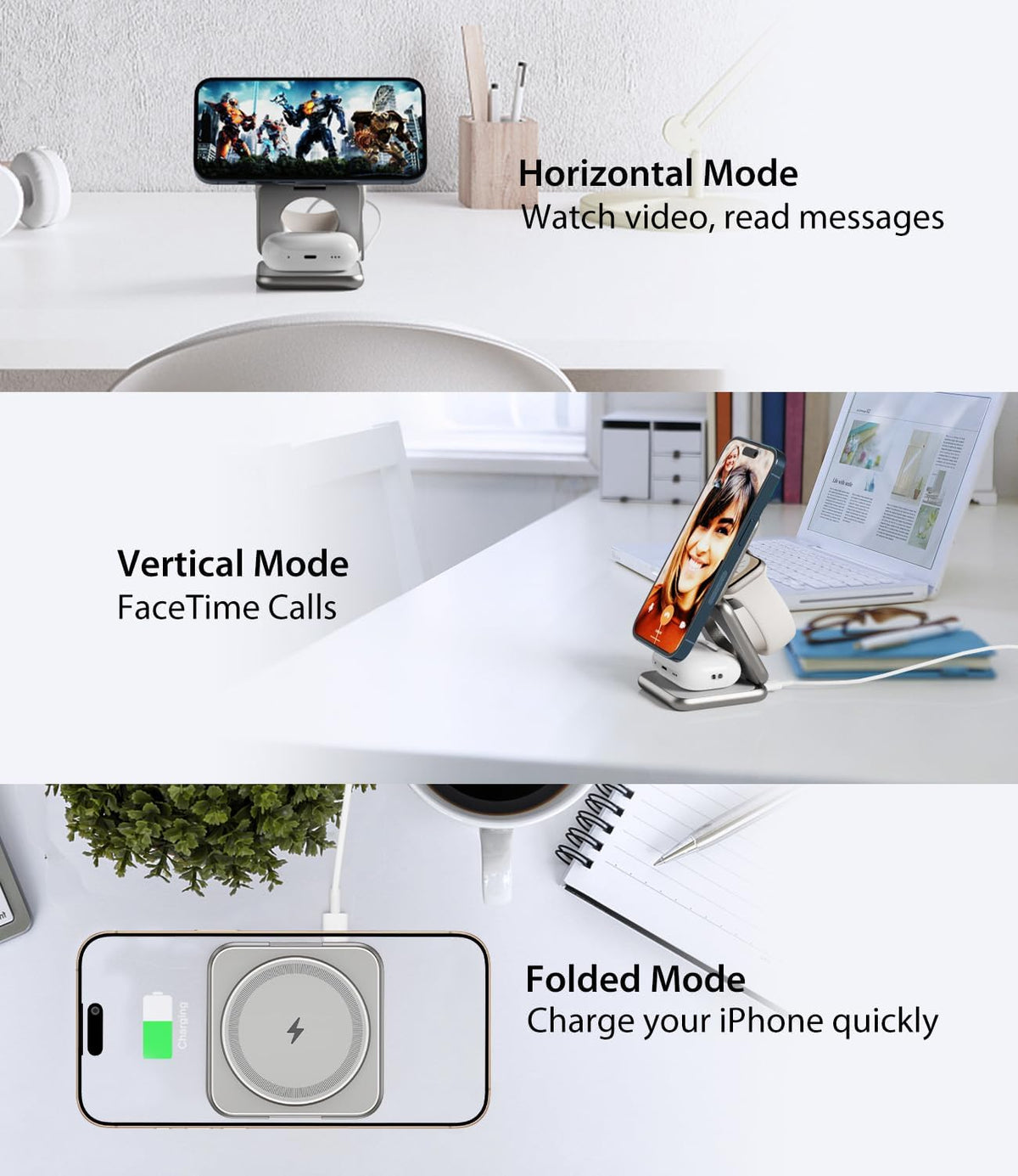 Foldable 3 in 1 Charging Station for Apple, X40 Aluminum Alloy Magnetic Wireless Charger, Portable Travel Charger for iPhone 16 15 14 13 12 Series, AirPods 3/2/Pro, iWatch-Titanium