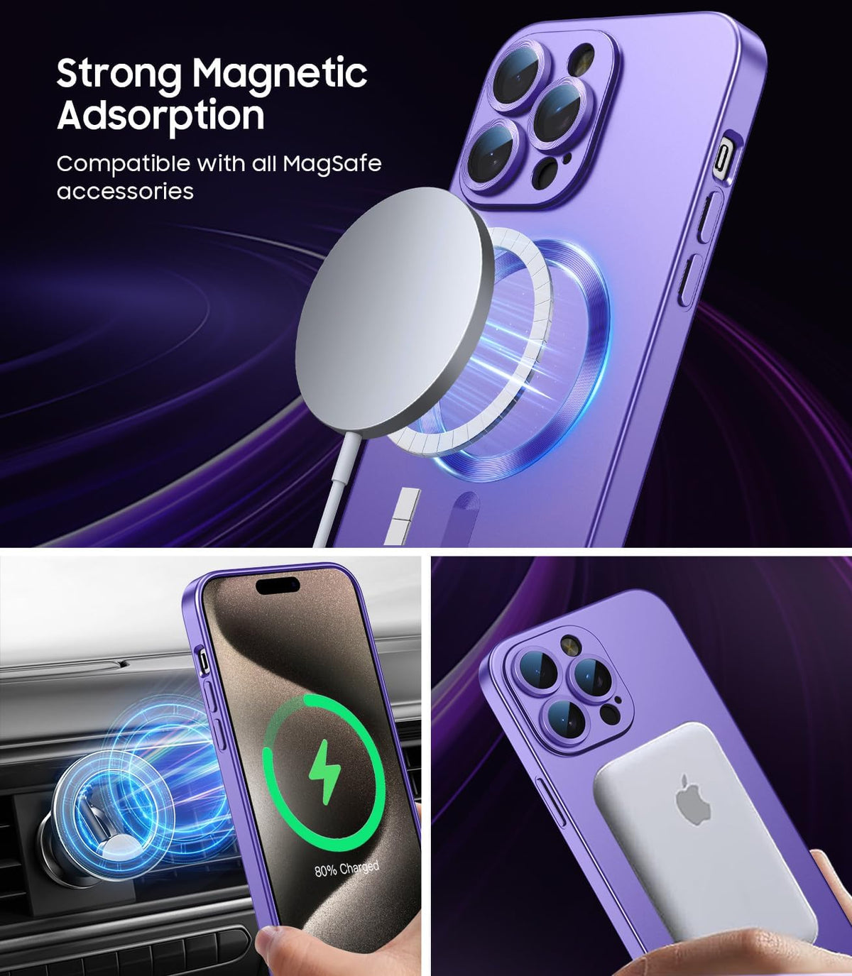 Magnetic for iPhone 15 Pro Max Case [Compatible with MagSafe][Built-in Camera Lens Protector] Slim Soft Silicone Bumper Shockproof Metallic Luster Phone Case (Purple)