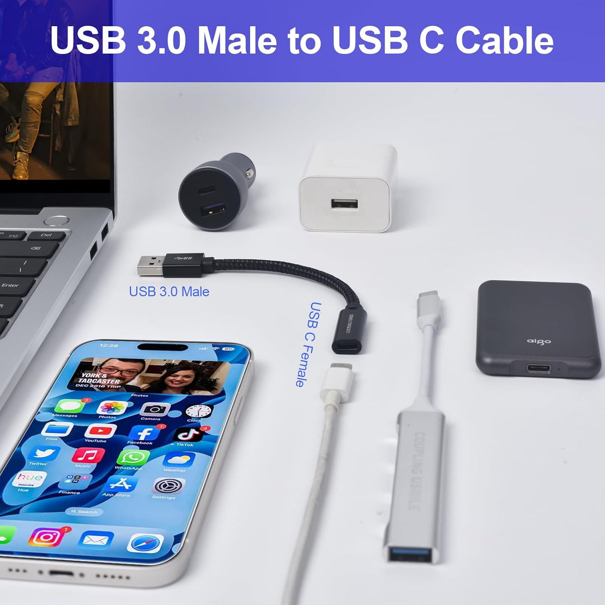 USB to USB C Adapter, Transfer up to 10Gbps,USB to Type C Charger Cable Adapter,Compatible with MacBook/iMac/iPad/iPhone 15 Series, Galaxy Note S24 Series(2pcs Black)