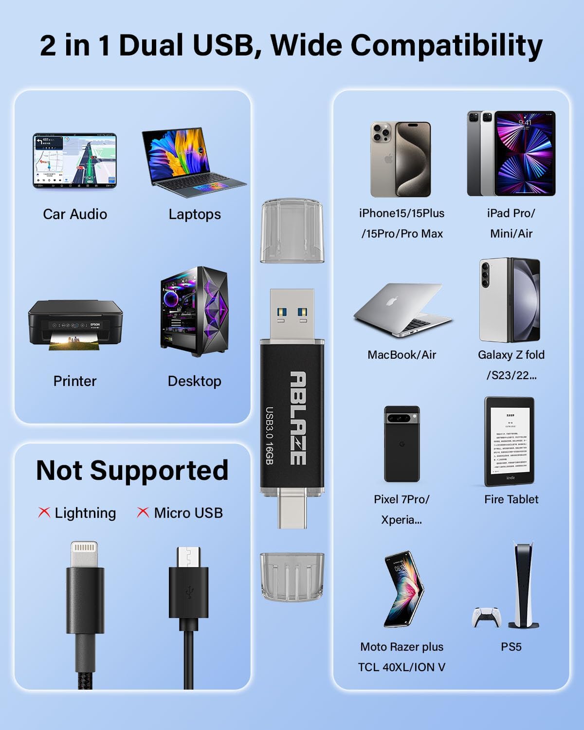 ABLAZE Type C Flash Drive 16GB, Dual USB 3.0+ USB C Flash Drive Compatible with iPhone 16/15,Android Smartphone,Computer,Tablet Mac Laptop