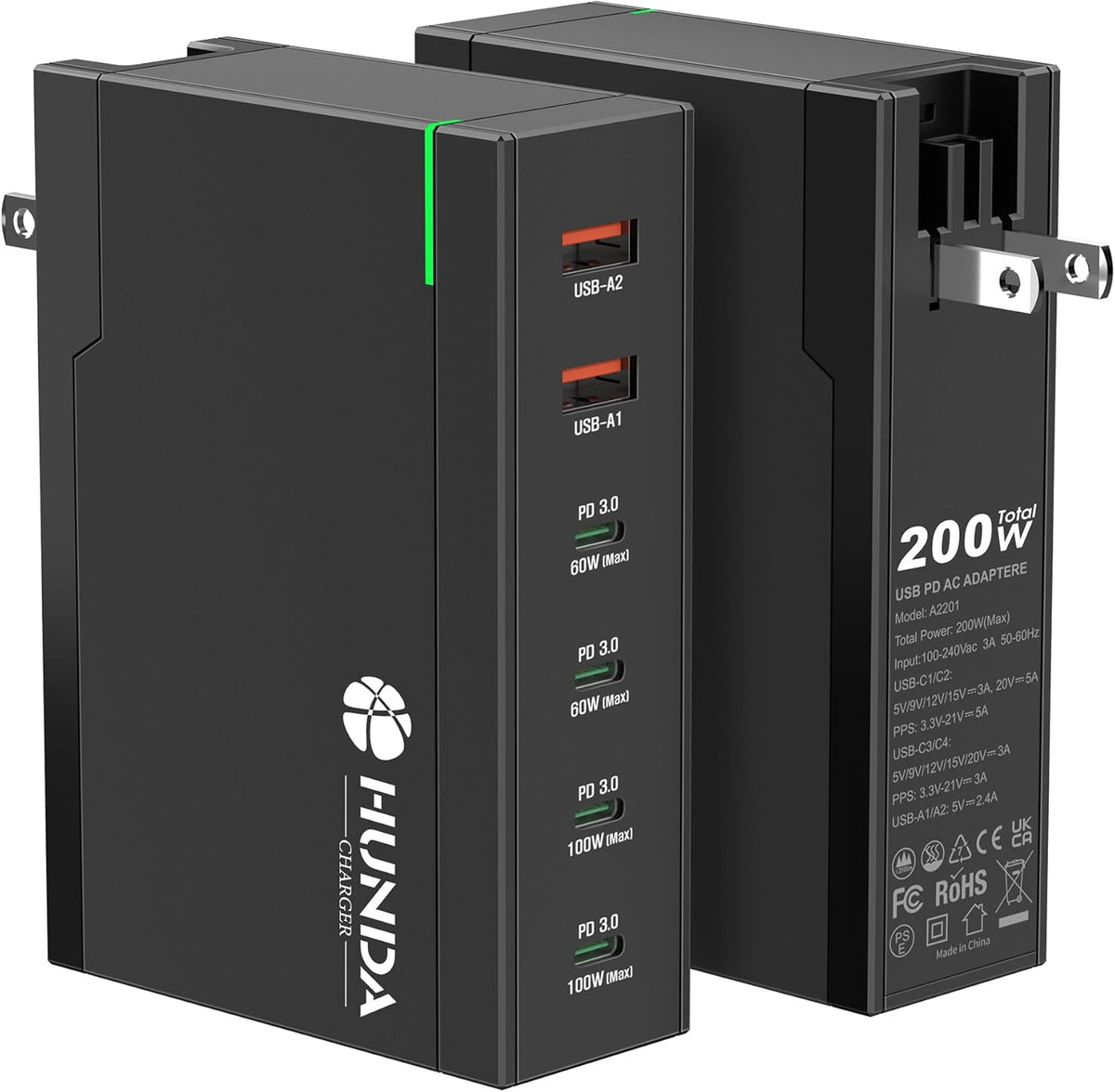 HUNDA 200W USB C Charger GaN Charging Station 6 Ports Fast PD 100W Type C MacBook Charger Desktop Adapter Support PD3.0 /PPS 45W /QC5 for MacBook Pro/Air, iPhone 15/14, Galaxy s24/s23,HP,Dell etc