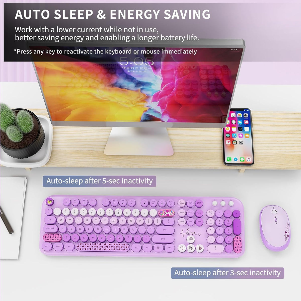 Wireless Keyboard and Mouse Set, 104 Round Keys Full-Size Cute Colorful Keyboard and Mouse with Retro Typewriter for PC/Mac/Laptop/Tablet/Computer/Windows Purple