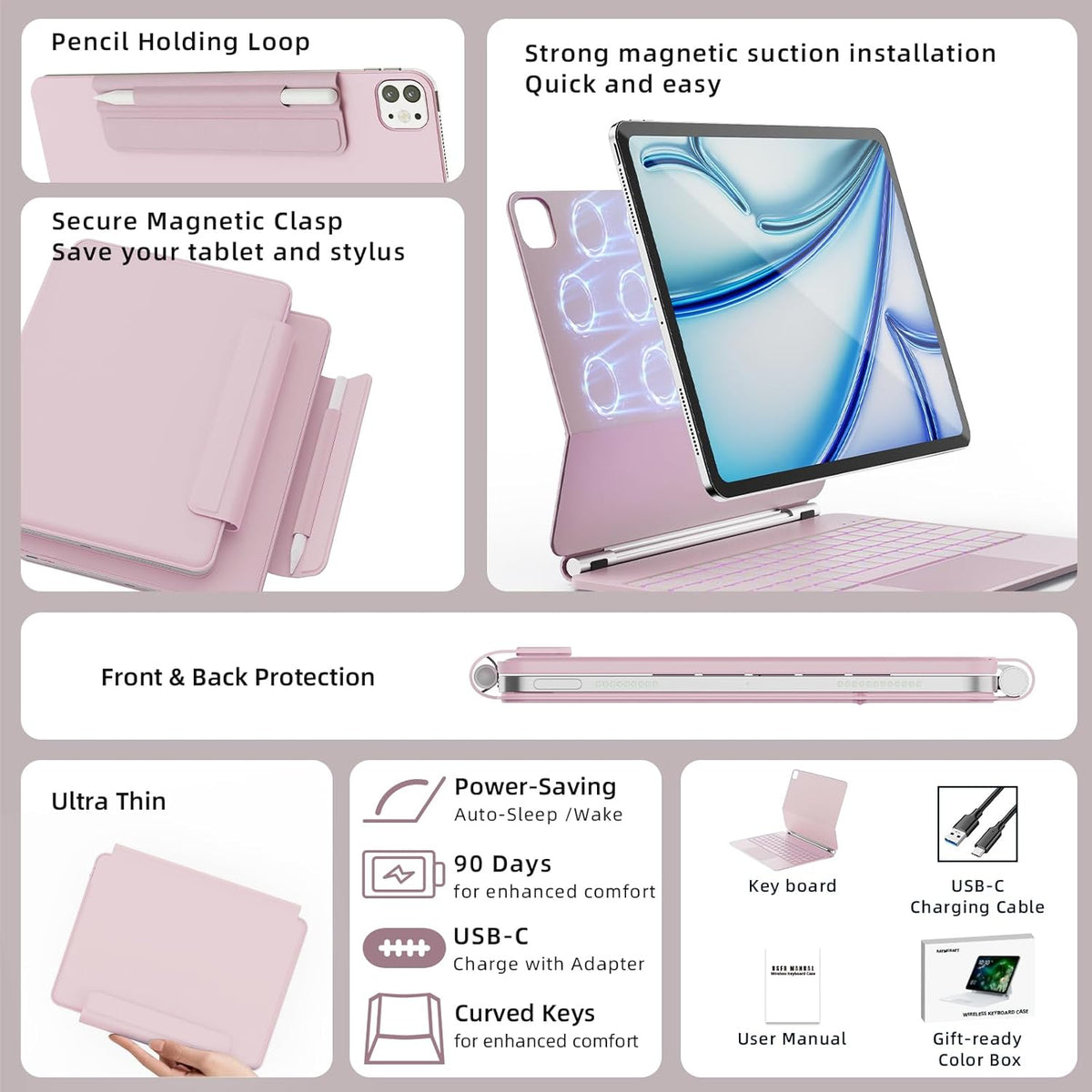 for iPad Air 13 inch Case with Keyboard (M3,2025 / M2,2024), iPad Pro 12.9 (6th/5th/4th/3rd Gen) Magic Keyboard, Springy Backlit Keys, Stain-Resistant Surface, Multi-Touch Trackpad, Pink